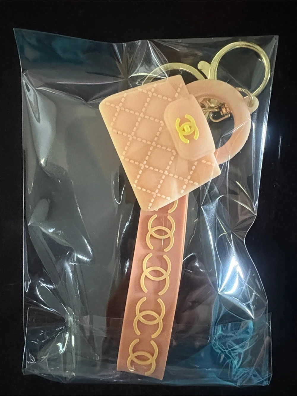 Tan Fashion Quilted Silicone Handbag Keychain Bag Charm with Gold Accents